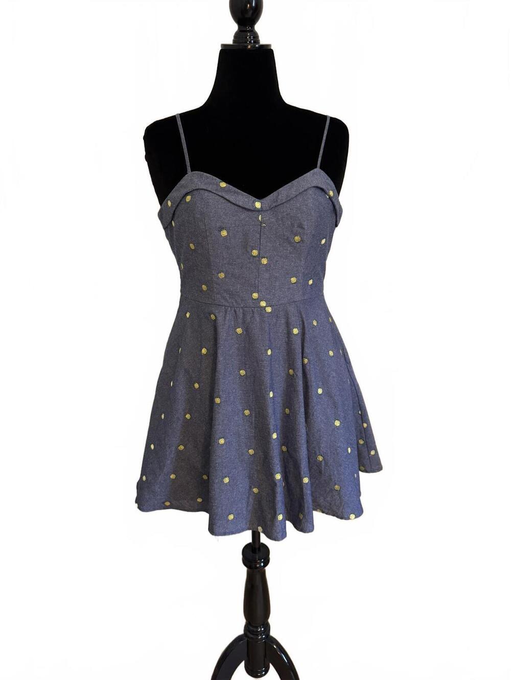 Audrey Park Light Denim Flair Spaghetti Strap Dress Lemon Embroidery - Med